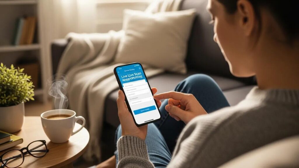 Client booking a live scan fingerprinting appointment on a smartphone in a cozy home setting