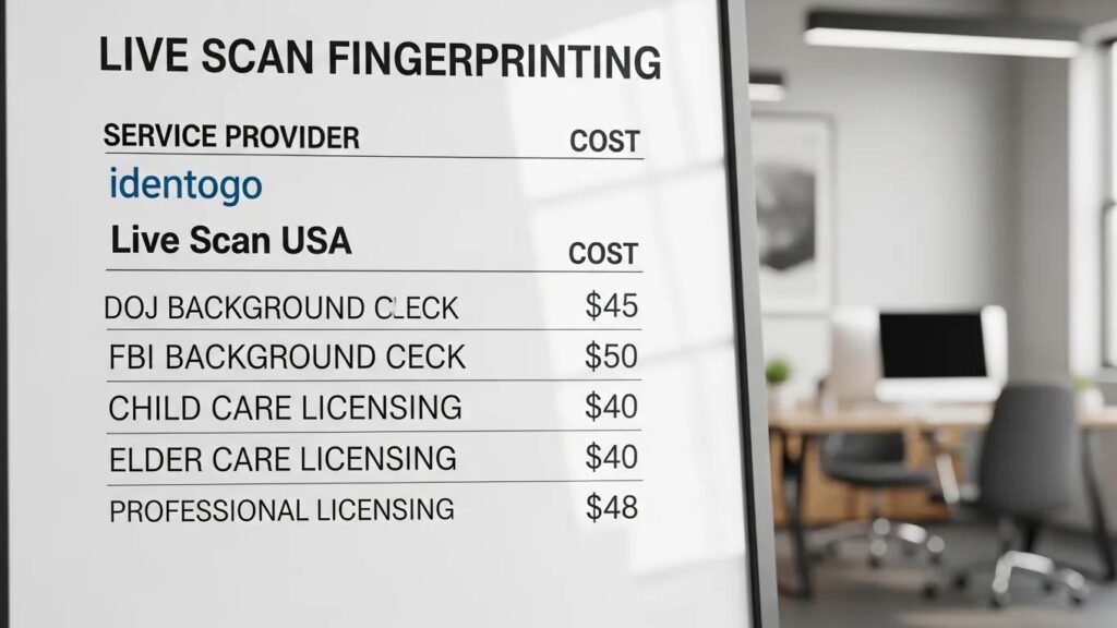 Close-up of a pricing list for live scan fingerprinting services in an office setting