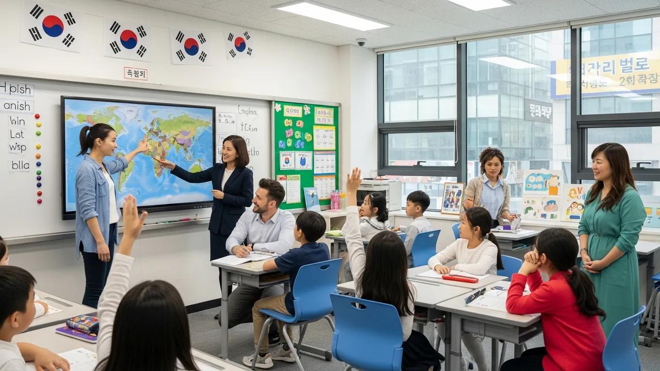 Diverse ESL teachers engaging with students in a South Korean classroom