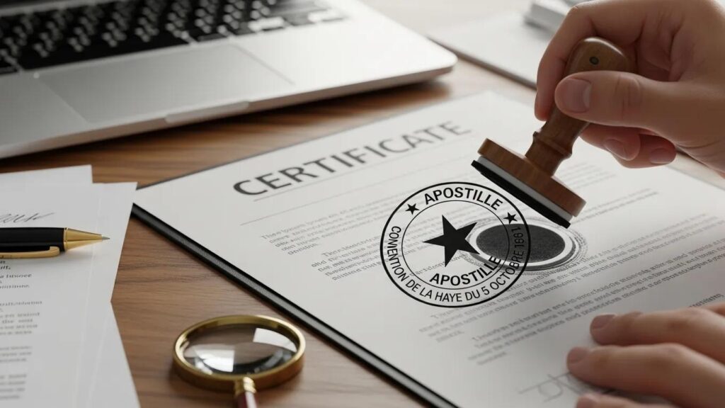 Document being stamped with an apostille seal for international use