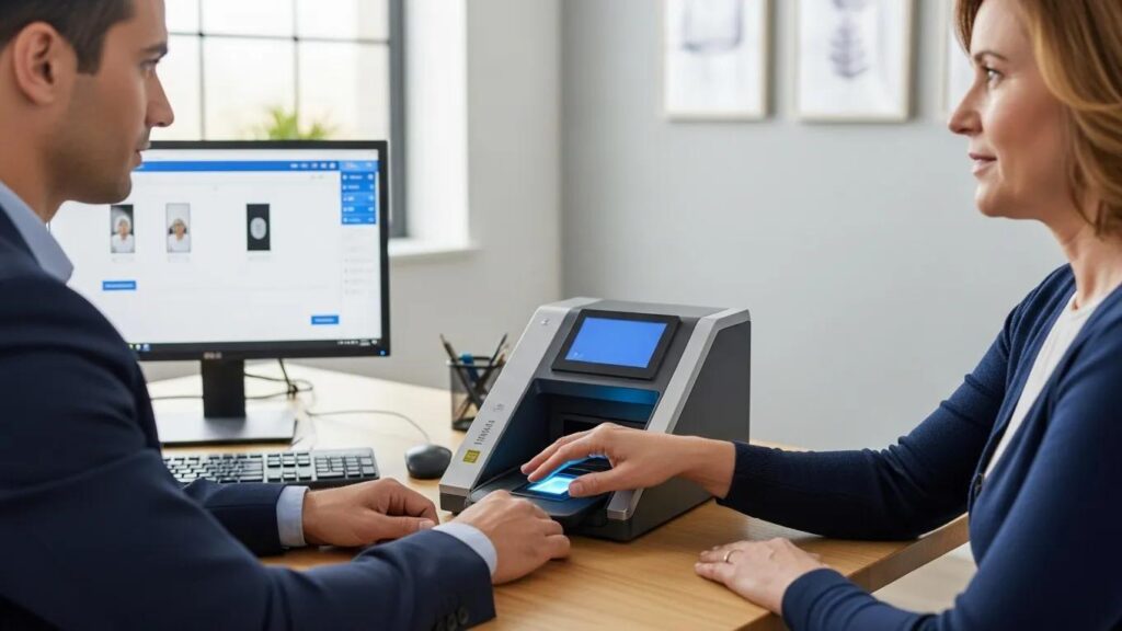 Live scan fingerprinting session with technician and client in a modern office