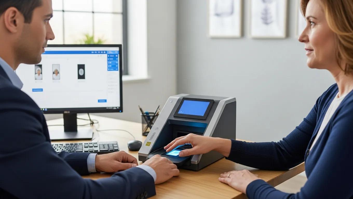 Live scan fingerprinting session with technician and client in a modern office