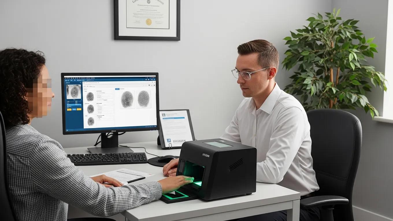 Live scan fingerprinting setup in a professional office with a technician assisting a client