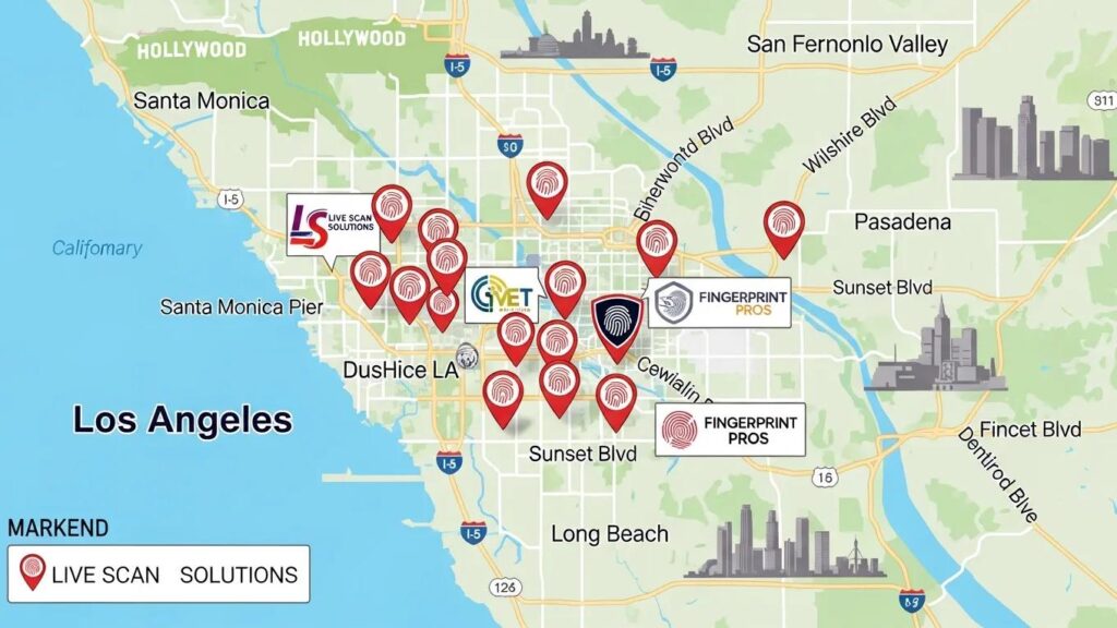 Map of Los Angeles highlighting key live scan fingerprinting service locations