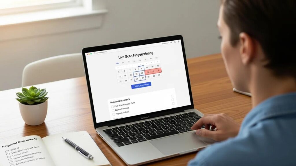 Person booking a live scan fingerprinting appointment online with required documents