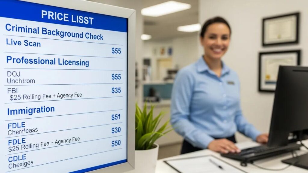 Price list for Live Scan fingerprinting services in a professional office