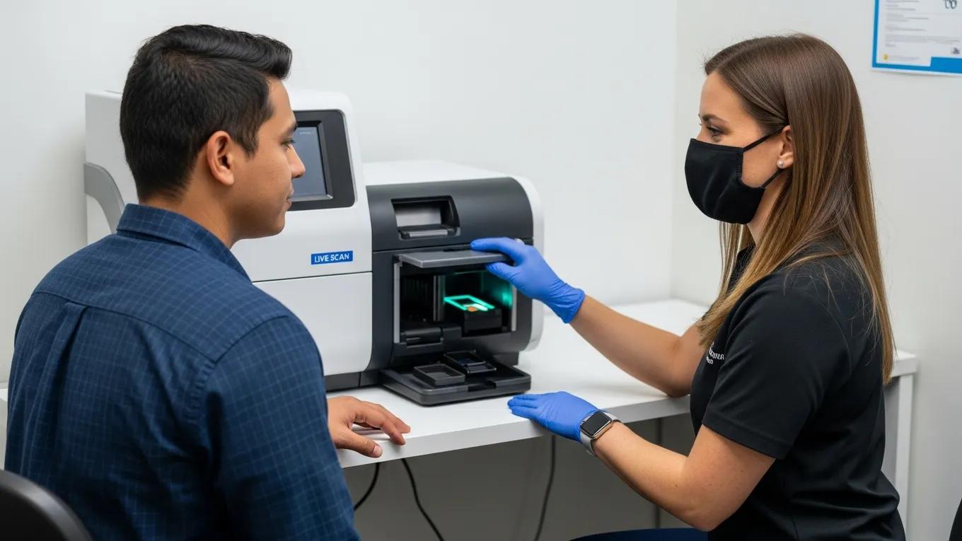 Rideshare driver undergoing live scan fingerprinting in a professional office setting